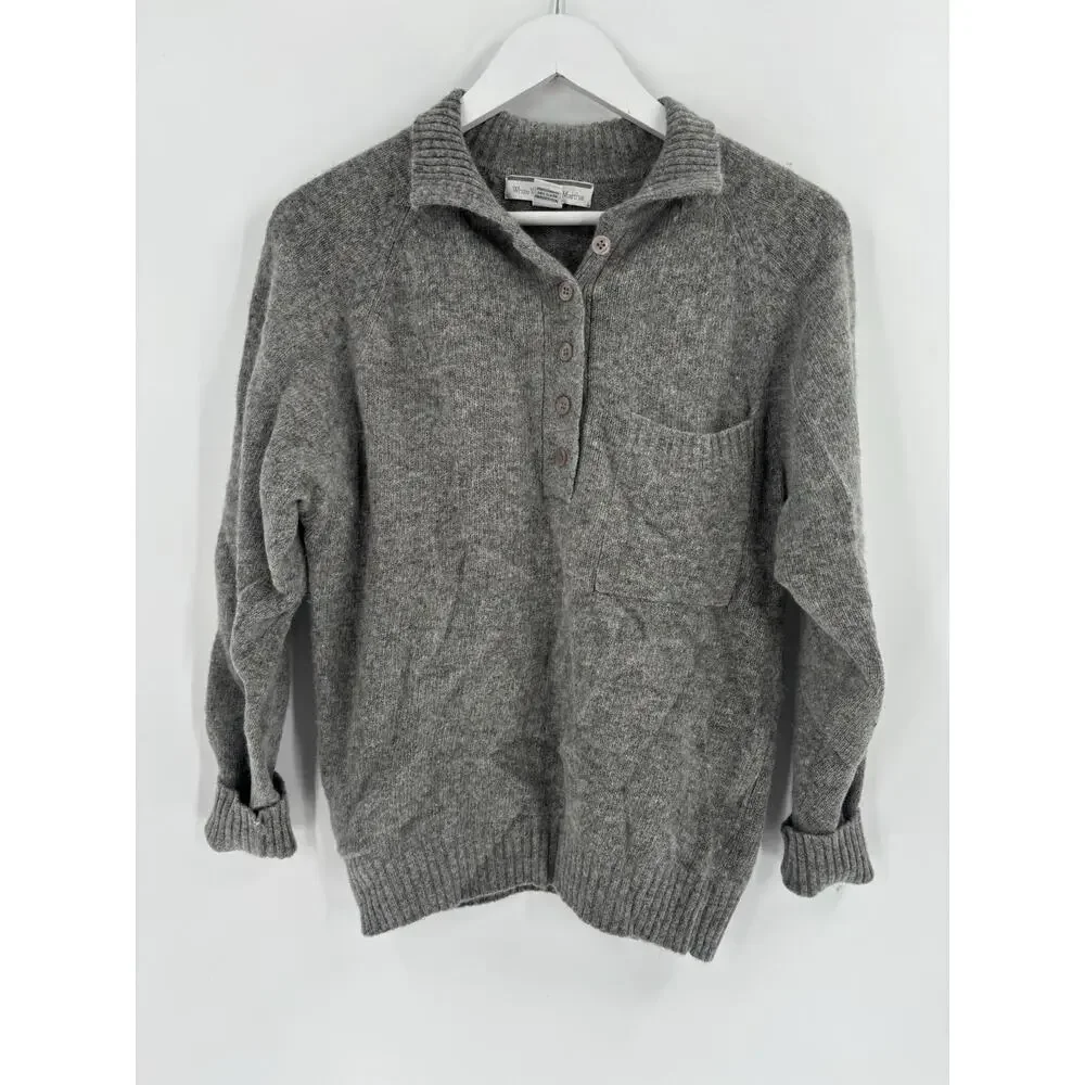 White Wheeler & Martha Sweater Womens Medium Gray Wool Rabbit Hair 1/4 Button
